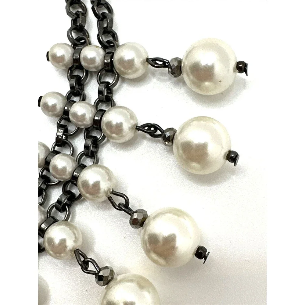 Vintage Faux Pearl Dangle Collar Necklace Black Chain Tribal Choker 14